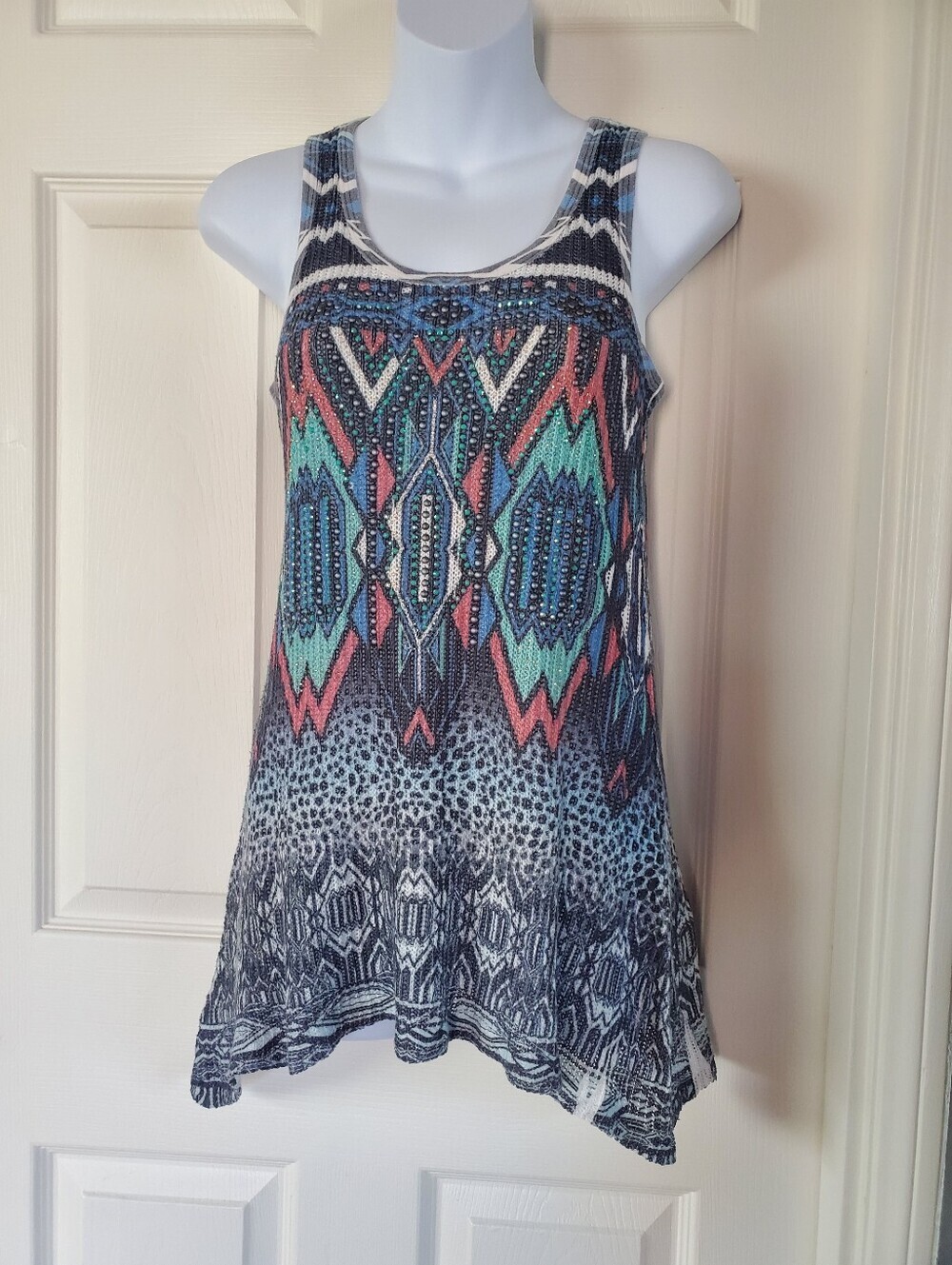 Vocal Multicolor Aztec Racerback Tank Teal Coral Accents Knit Beaded Raver Small